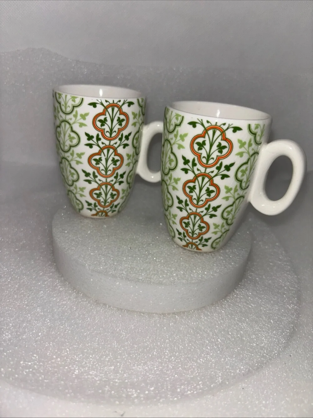 Pier 1 Imports Demitasse Cups White W/ Green & Orange Ceramic Espresso Set of 2